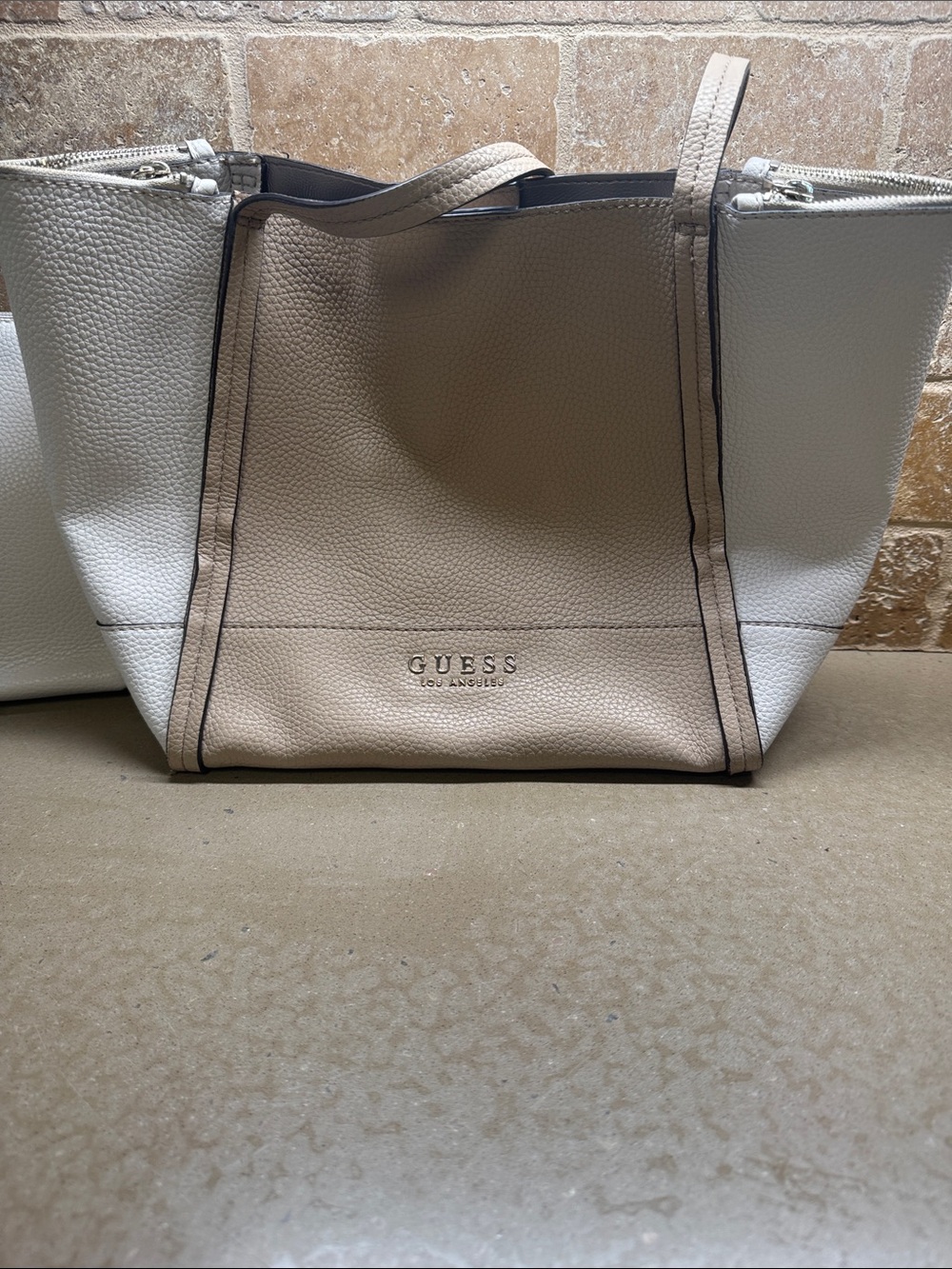 GUESS Two-Tone Beige and Off-White Pebbled Tote